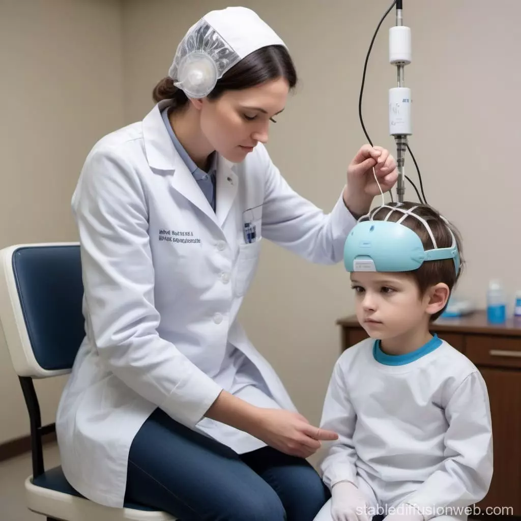 تصویر یک تکنسین نوار مغزی در حال قرار دادن دستگاه روی سر یک کودک