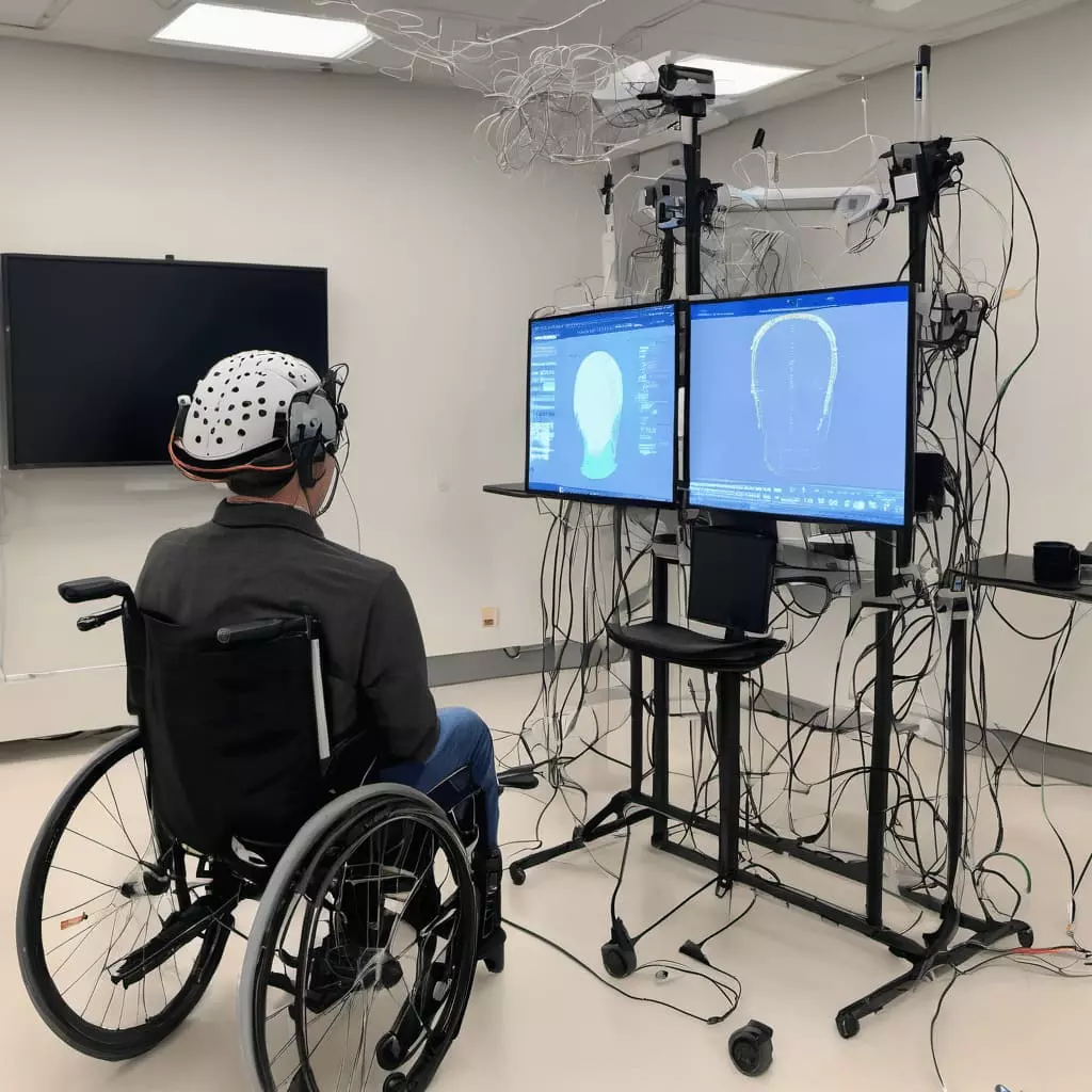 تصویری از یک دستگاه نوار مغزی قابل حمل که روی سر یک بیمار قرار گرفته است. 
