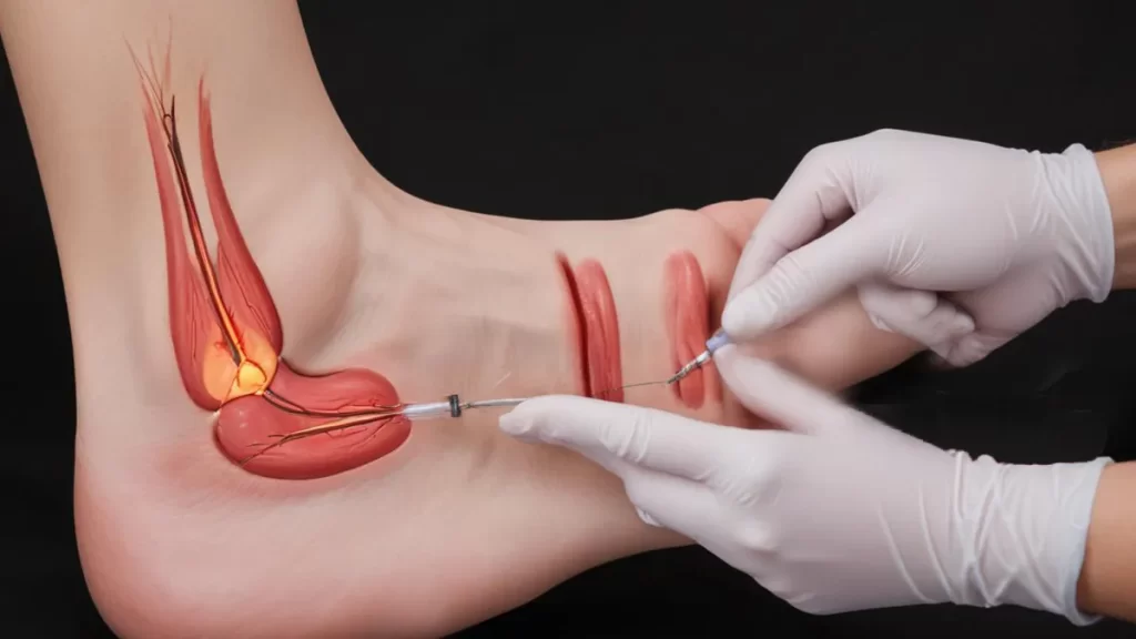 شخصی که در حال دریافت جلسه طب سوزنی برای کاهش درد کف پا است