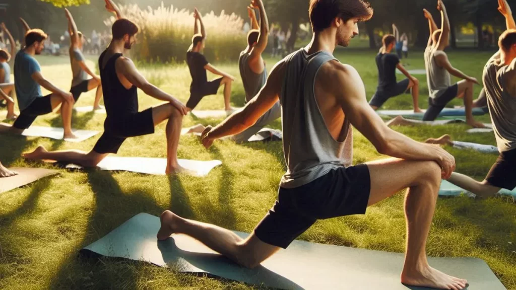 چند مرد که در فضای باز مشغول انجام بهترین ورزش برای دیسک کمر و سیاتیک هستند