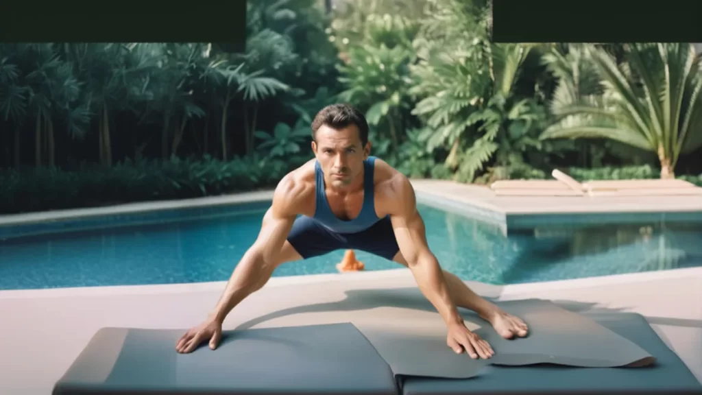 یک مرد که درحال انجام ورزش های آبی در کنار استخر است.