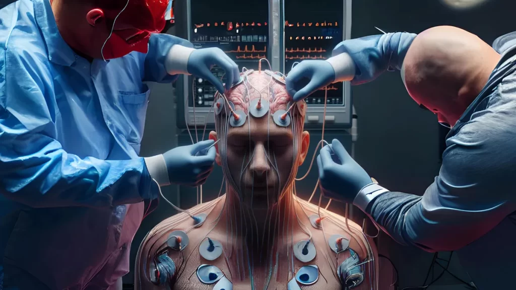 تصویری از یک فرد مشکوک به ام اس که درحال انجام نوار مغز است.