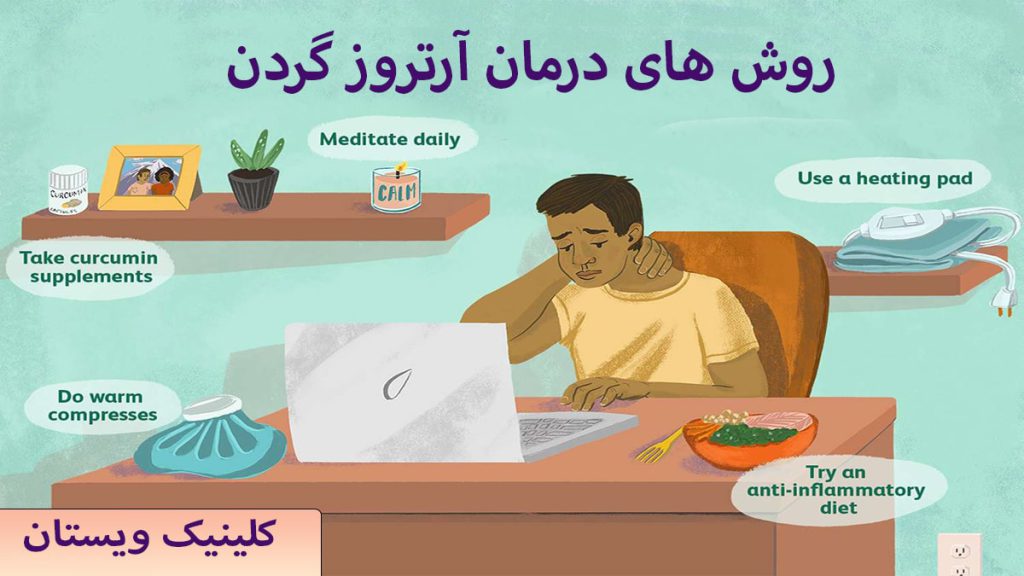 درمان آرتروز شخص پشت میز نشسته و روش های دررمان گردن درد او در اطرافش مشخص است