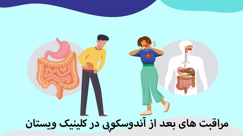 مراقبت بعد از آندوسکوپی یک خانم و آقا و آندوسکوپی معده و روده بصورت انیمیشنی نمایش داده می شود