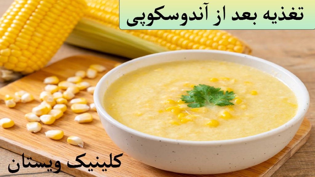 تغذیه آندوسکوپی یک کاسه سوپ و دو عدد ذرت در کنار آن