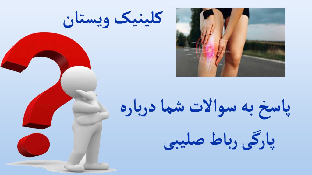 درباره پارگی رباط صلیبی یک شکلک انیمیشنی در کنار علامت سوال و یک شخص که زانو درد دارد