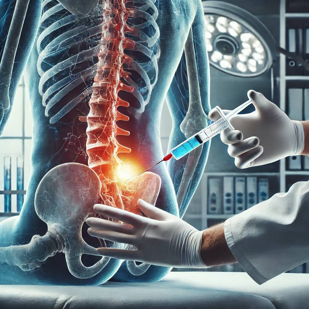 درمان دیسک کمر با تزریق پزشک در حال انجام اوزون تراپی دیسک کمر بر روی بیمار