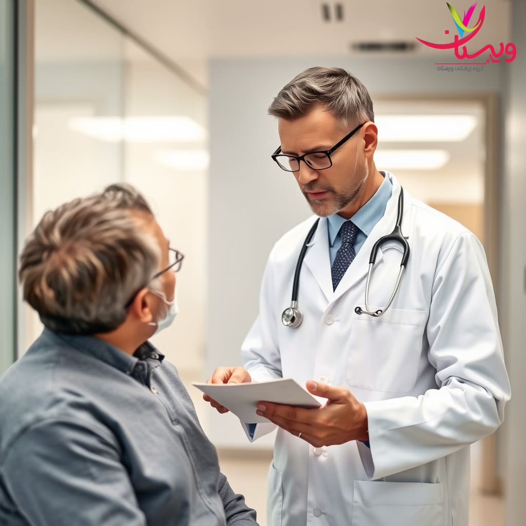 مشاوره درمانی متخصص مغز و اعصاب با بیمار سالخورده متخصص مغز و اعصاب در حال ارائه توضیحات پزشکی به بیمار سالخورده