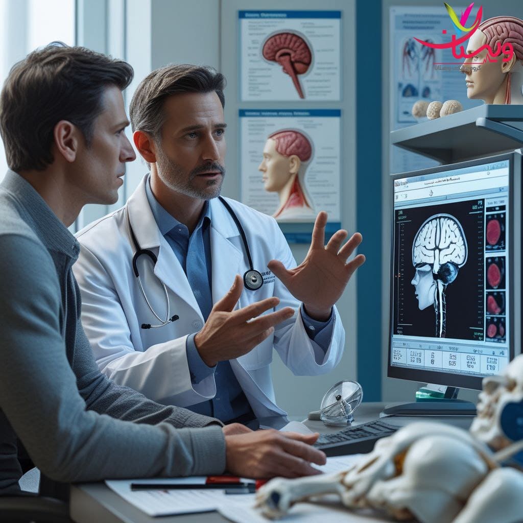 گفتوگوی تخصصی پزشک با بیمار درباره روشهای درمانی متخصص مغز و اعصاب در حال توضیح روند درمان به بیمار