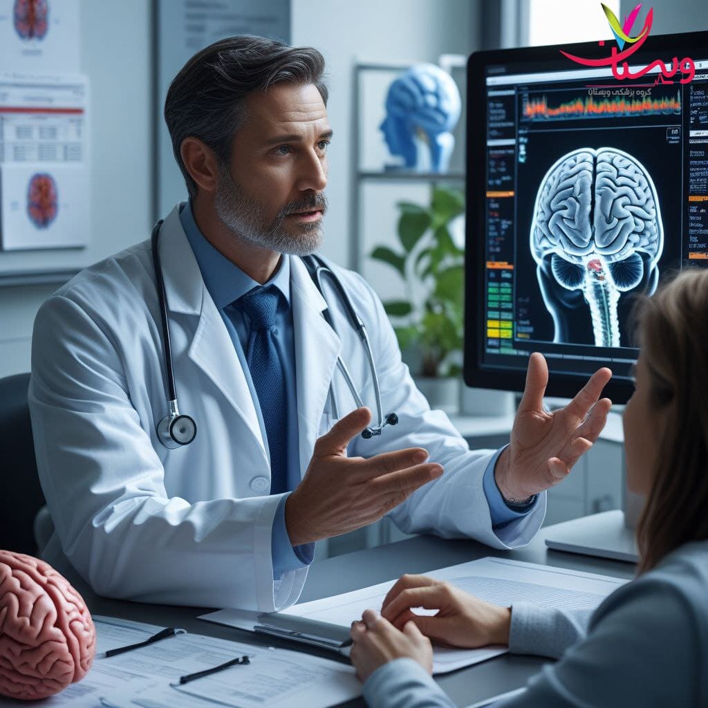 بررسی دادههای تصویربرداری مغزی بیمار توسط متخصص مغز و اعصاب متخصص مغز و اعصاب در حال تحلیل دادههای تصویربرداری مغزی بیمار